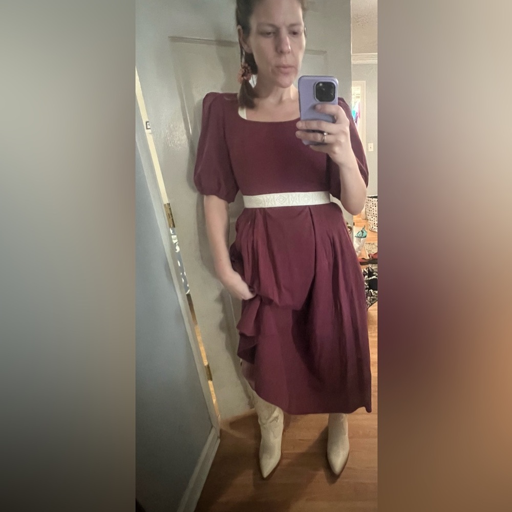 Polagram Burgundy Midi Dress with White Textured Waistband